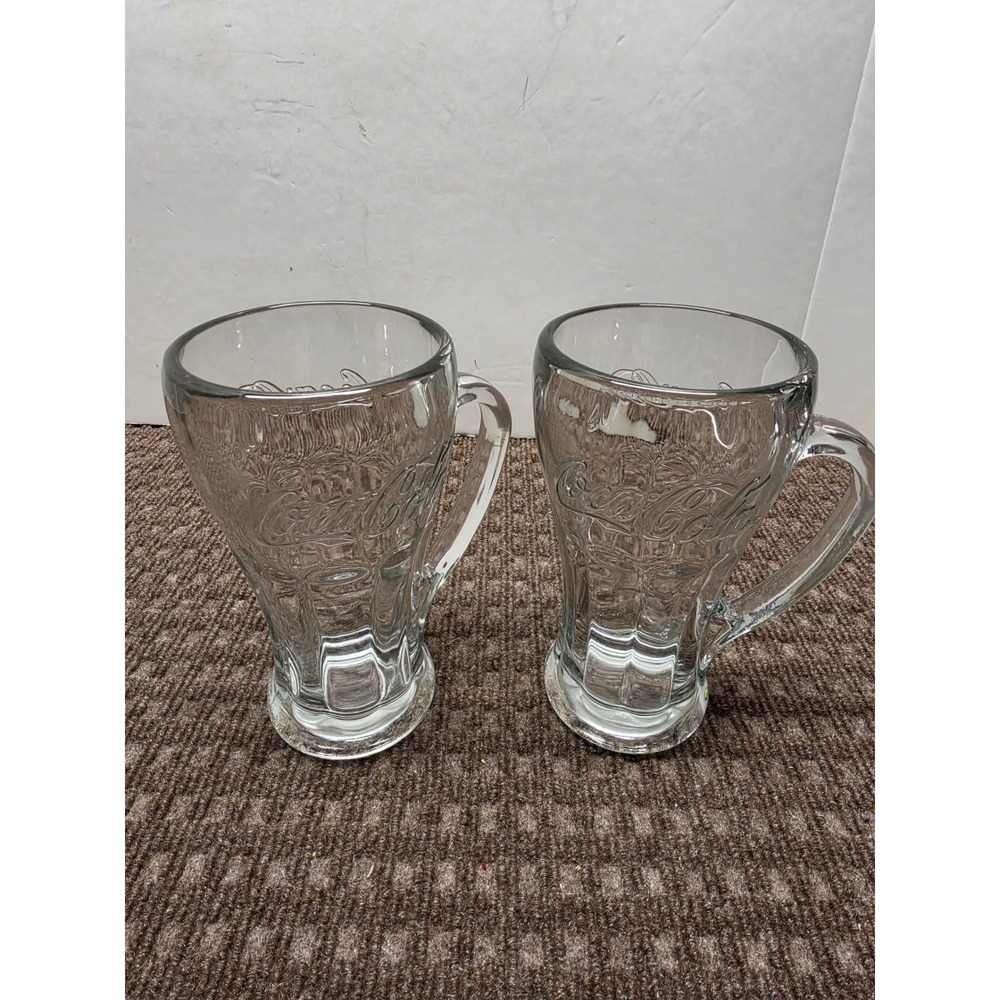Set of 2 Coca Cola Glass Mugs with Handles Tall Clear Embossed Logo 6 inch